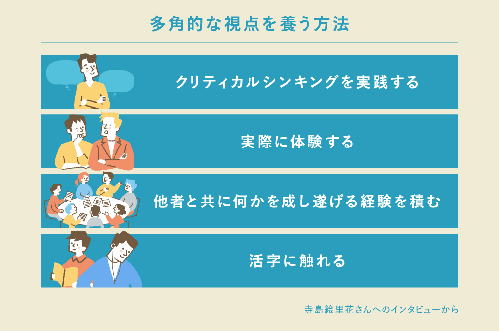 多角的な視点を身につける方法は、クリティカルシンキングを実践する、実際に体験する、他者と共に成し遂げる経験を積む、活字に触れるの4つ