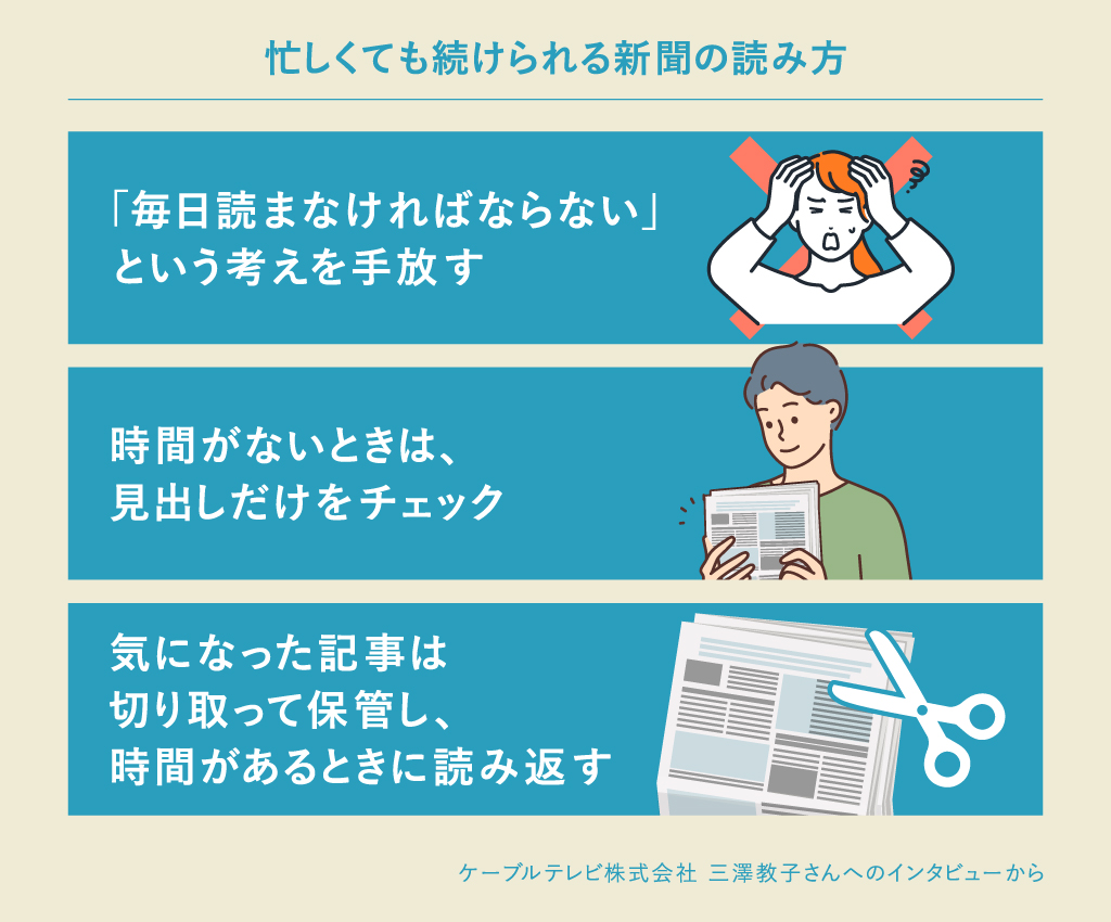 忙しくても新聞を読むには「見出しだけをチェック」「記事を保管して後で読み直す」
