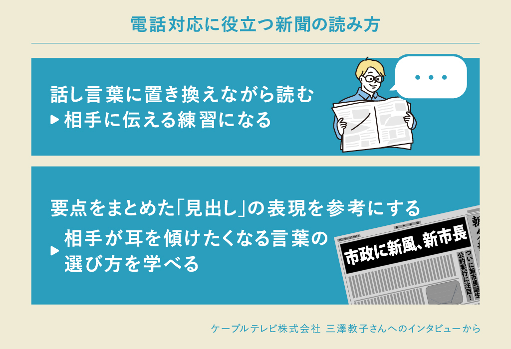 電話応対に役立つ新聞の読み方は「話し言葉に置き換えながら読む」「見出しの表現を参考にする」